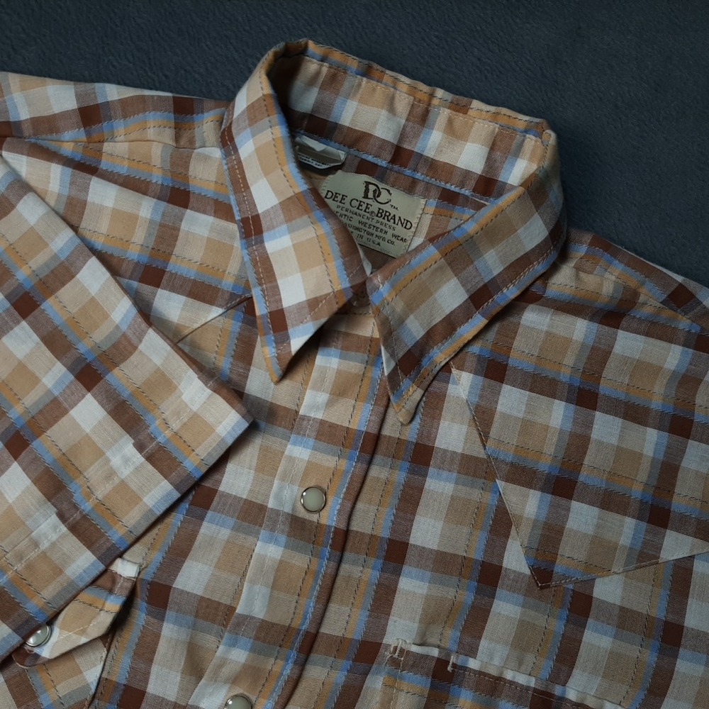 VINTAGE Dee Cee Shirt Mens Large 16 Brown Blue Plaid Check Pearl Snap Western